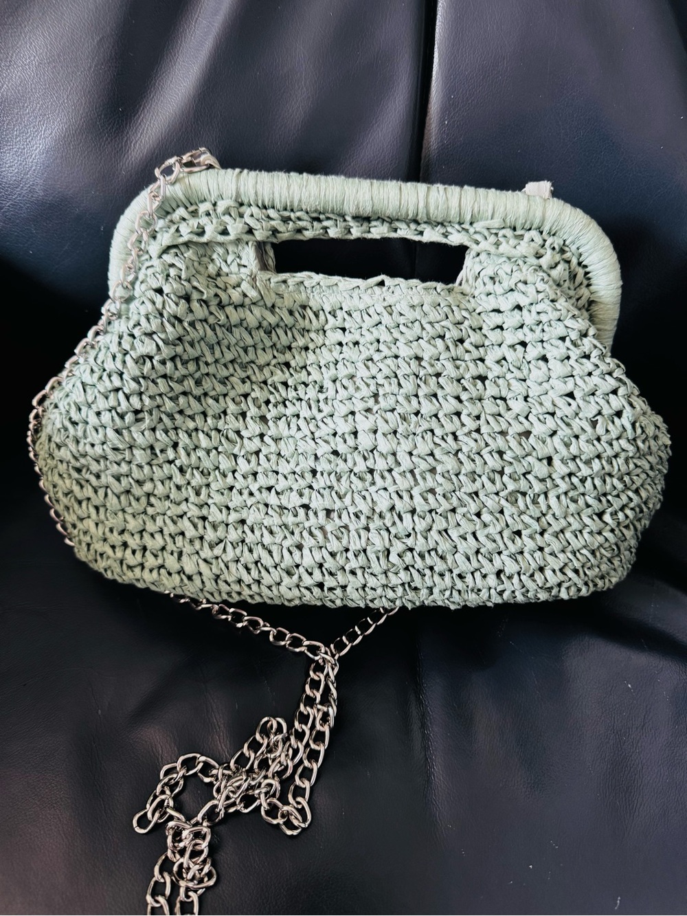 SOL and MER Straw Frame Clutch Purse With Cut Out Handle- Sage